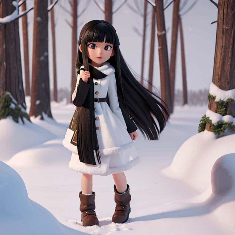 russian girl with long black hair with bangs in a snowy forest with “VIKTORIA” written in snow in Russia. 3D Render, poster, 3d render