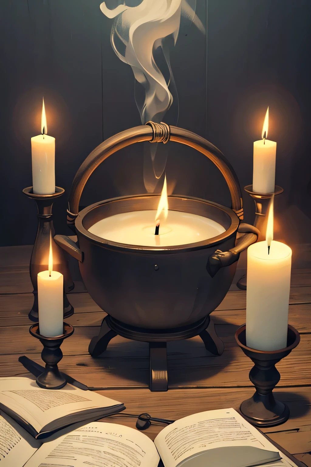 image related to witchcraft with candles, natural incense and cauldron