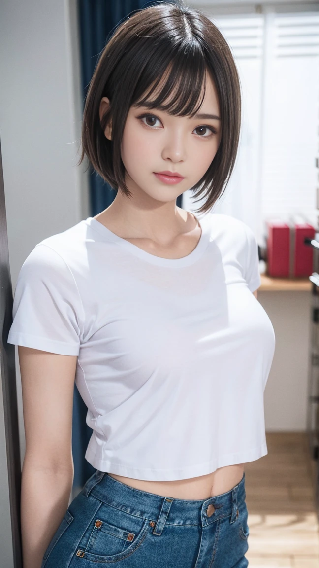 Picture taken from the front, with the left and right sides equally spaced, equally spaced left and right, stand upright, cowboy shot, (arms behind back:1.5), One girl, very short hair, (camisole, shorts)