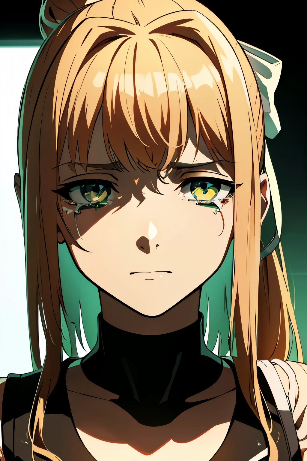 masterpiece, high detailed eyes, high detailed clothes, depressive, sci-fi, cyberpunk, anti-utopia, 1girl, solo, portrait, monika, (green eyes), brown hair, very long hair, ponytail, hair ribbon, white ribbon, face view, crying girl, tears, crying face, tears streaming down on face, looks at the viewer straight into the soul, misunderstanding in the eyes, cyber_mark, facial mark, cyborg, (cyberpunk style:1.3), dark lighting, white tank top, a unbuttoned black leather jacket