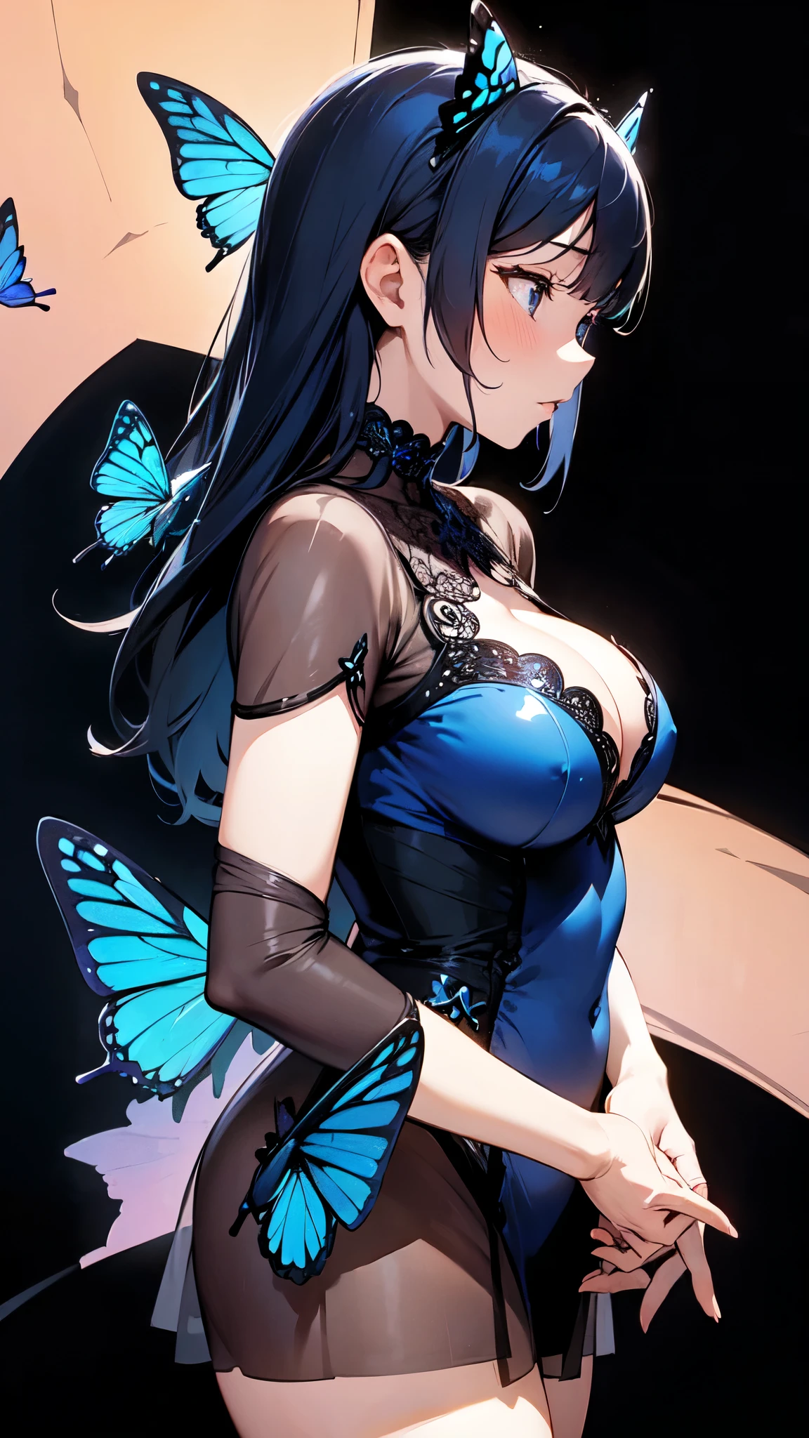 Masterpiece, best quality, couples, 1boy, 1girl, butterfly background, blue butterflies, girl wearing jewelry, profile,raised hand holding, face to face, head touching, dark background, lovers, romantic, girl wearing transparent dress, sexy, large breasts, lewd, nsfw