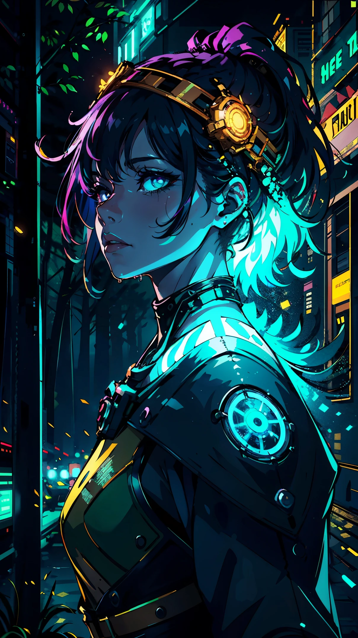 portrait | wide angle shot of eyes off to one side of frame, lucid dream-like woman, looking off in distance ::8 style | daydreampunk with glowing skin and eyes, styled in headdress, beautiful, she is dripping in neon lights, very colorful blue, green, purple, bioluminescent, glowing ::8 background | forest, vivid neon wonderland, particles, blue, green, purple ::7 parameters | rule of thirds, golden ratio, assymetric composition, hyper- maximalist, octane render, photorealism, cinematic realism, unreal engine, 8k