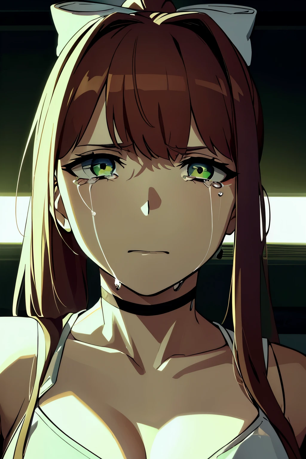 masterpiece, high detailed eyes, high detailed clothes, depressive, sci-fi, cyberpunk, anti-utopia, 1girl, solo, portrait, monika, (green eyes), brown hair, very long hair, ponytail, hair ribbon, white ribbon, face view, crying girl, tears, crying face, tears streaming down on face, looks at the viewer straight into the soul, misunderstanding in the eyes, cyber_mark, facial mark, cyborg, (cyberpunk style:1.3), dark lighting, white tank top, a unbuttoned black leather jacket