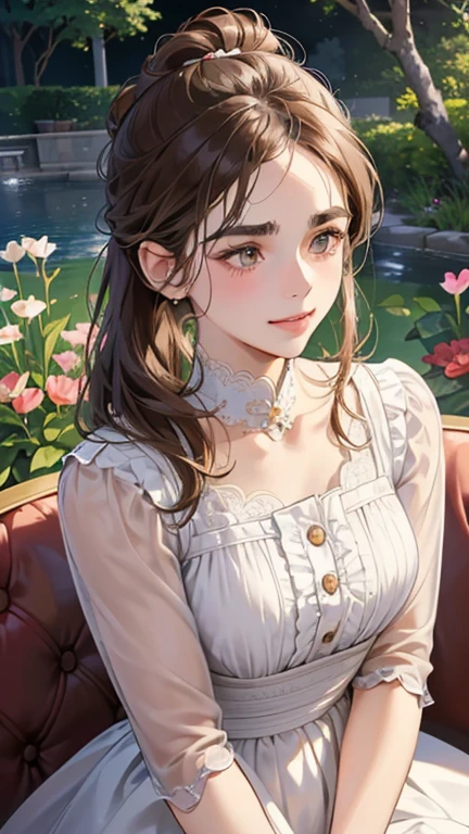 (masutepiece, Digital Art, Digital Illustration, 4K, 8K, Ultra-detailed, beautiful image, Sharp Image, Photorealistic, Raw photo, Perfect face, Perfect lines, Perfect eyes, Soft lighting) 1 woman, (lightbrown hair,Chignon Hair,Innocent look,drooping eyebrows,drooing eyes,with round face,Round jaws、Innocence,cute little,big eye,natural make up,kindly smile,E-cup,23 y-o woman:1.3),Two handsome men in suits, (ember,Men in suits,well-muscled,Firm shoulder width,  Boyish hairstyle,Man in his 30s with a cool expression,28-year-old man with bright smile:1.2),A garden full of light、lots of flower、The fountain、colorful flower light,(embarrassed from,Shy smile:1.2),Resort Sofa,the kiss、kiss、a couple、couple kissing、Romance、