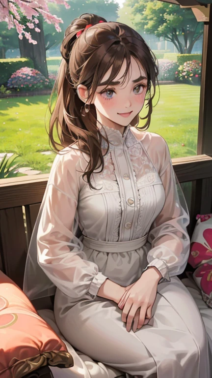 (masutepiece, Digital Art, Digital Illustration, 4K, 8K, Ultra-detailed, beautiful image, Sharp Image, Photorealistic, Raw photo, Perfect face, Perfect lines, Perfect eyes, Soft lighting) 1 woman, (lightbrown hair,Chignon Hair,Innocent look,drooping eyebrows,drooing eyes,with round face,Round jaws、Innocence,cute little,big eye,natural make up,kindly smile,E-cup,23 y-o woman:1.3),Two handsome men in suits, (ember,Men in suits,well-muscled,Firm shoulder width, Boyish hairstyle,Man in his 30s with a cool expression,28-year-old man with bright smile:1.2),A garden full of light、lots of flower、The fountain、colorful flower light,(embarrassed from,Shy smile:1.2),Resort Sofa,the kiss、kiss、a couple、couple kissing、Romance、