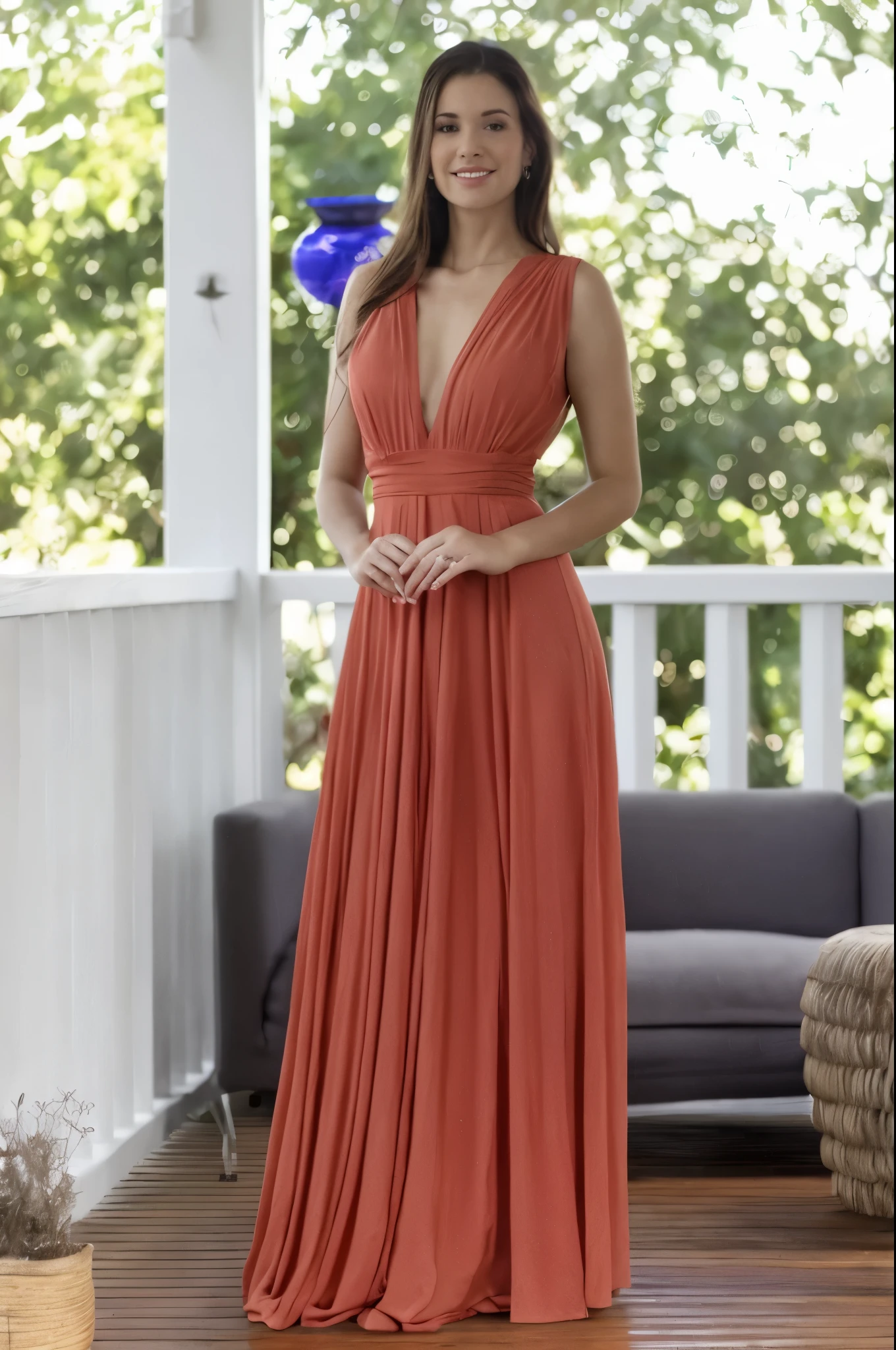 a woman in a vestido longo standing on a porch, wearing a Flowing dress, vestido aberto, usando vestido laranja, vestido longo, Flowing dress, figura feminina em vestido maxi, usando um vestido elegante, wearing an evening vestido, com cintura fina, flowing vestido, wearing a vestido longo, full view, beautiful vestido, vestido, wearing long vestido, long vestido