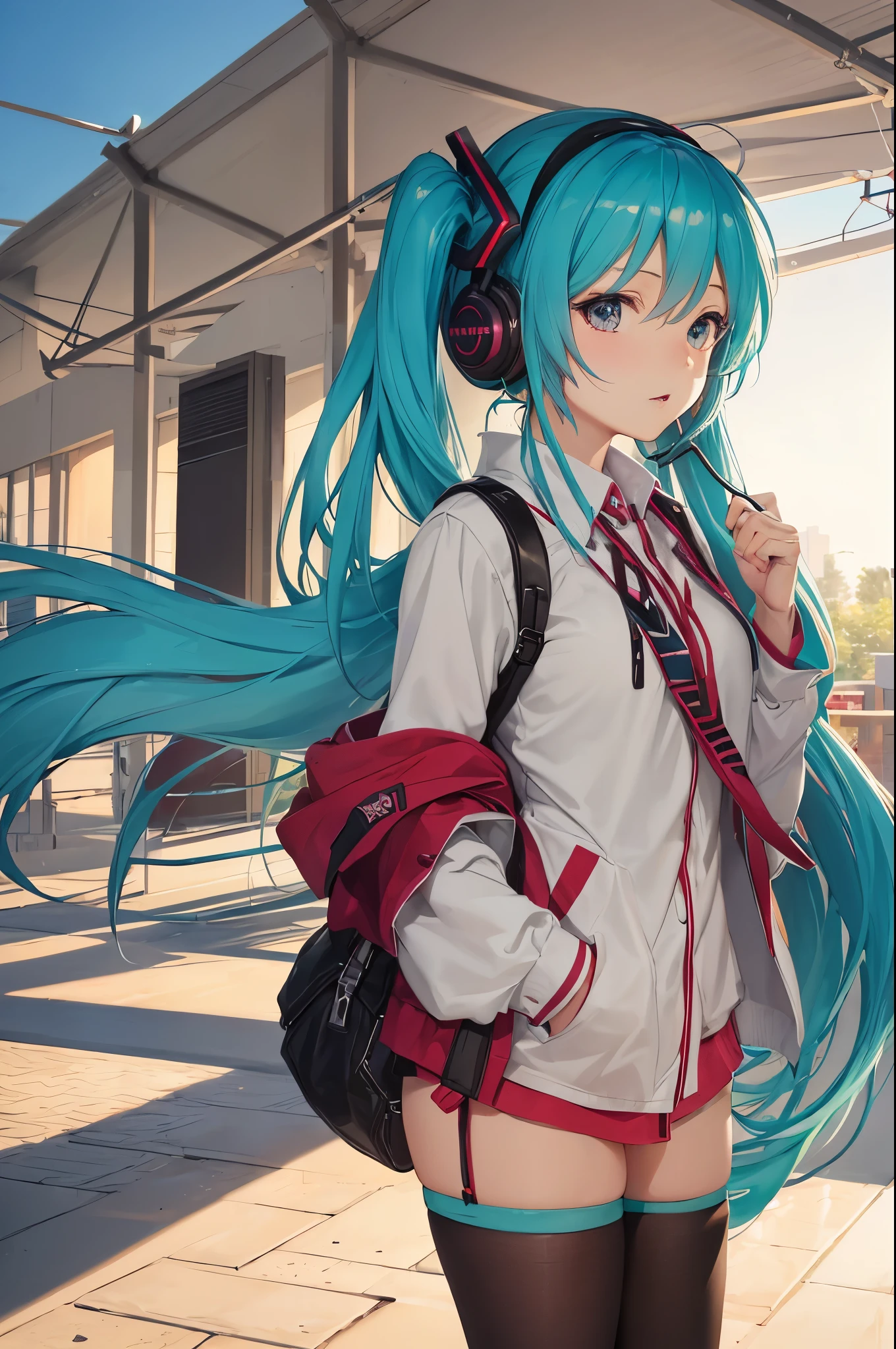 (masutepiece, best quality), Hatsune Miku, school uniform, ear phone