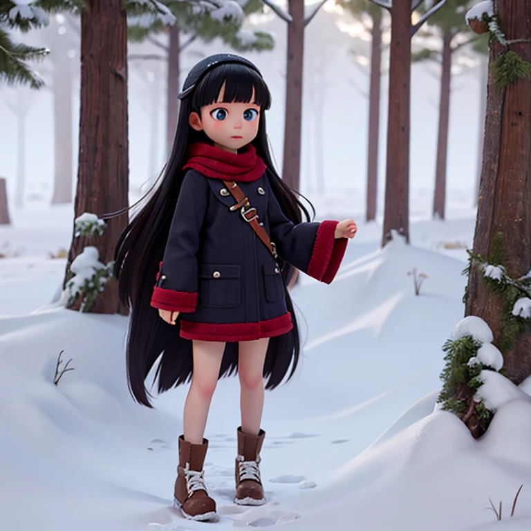 russian girl with long black hair with bangs in a snowy forest with “VIKTORIA” written in snow in Russia. 3D Render, poster, 3d render, snow falling, snow storm