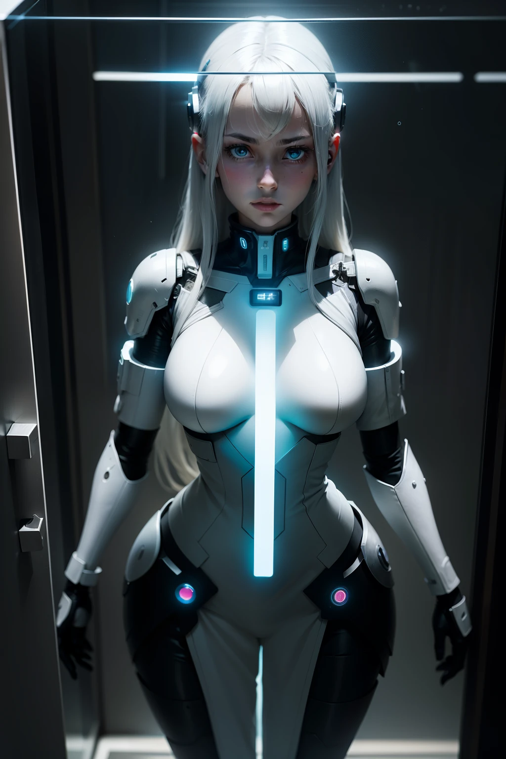 1girl, mass-produced android housewife, display case, White hair, blue eyes, glowing eyes, silver dress, remote-controlled, brainwashed, attention, hollow eyes, full body