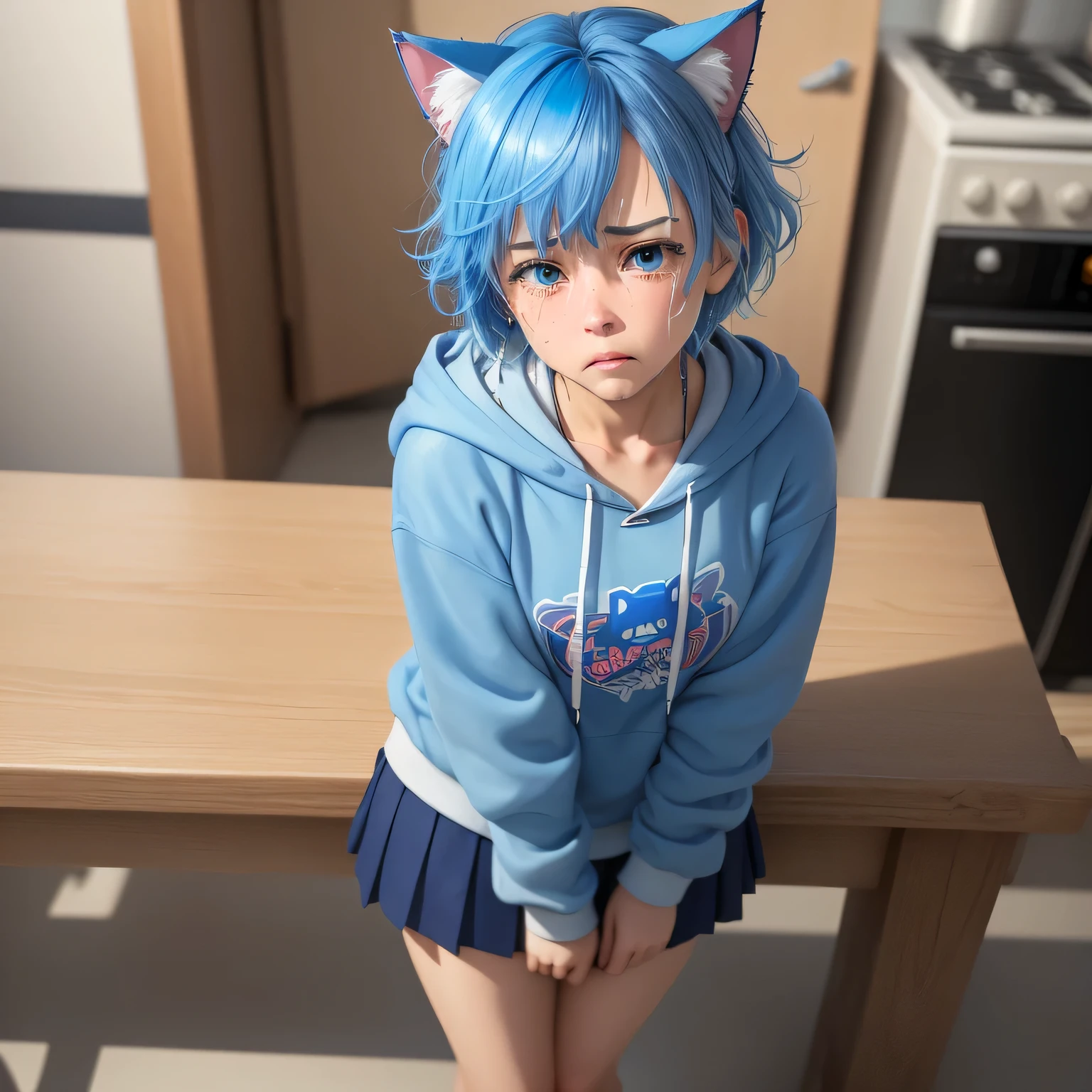 masterpiece, best quality, highly detailed, ultra-realistic, Overhead view, dynamic angle, blue hair, blue cat ears, tired hair, swept bangs, Short hair, Skirt, hoodie, ((tear)), ((cry)), nose blush, frown, tears, upset, clenched teeth, wipe tears with hands, leaning forward, looking at viewer