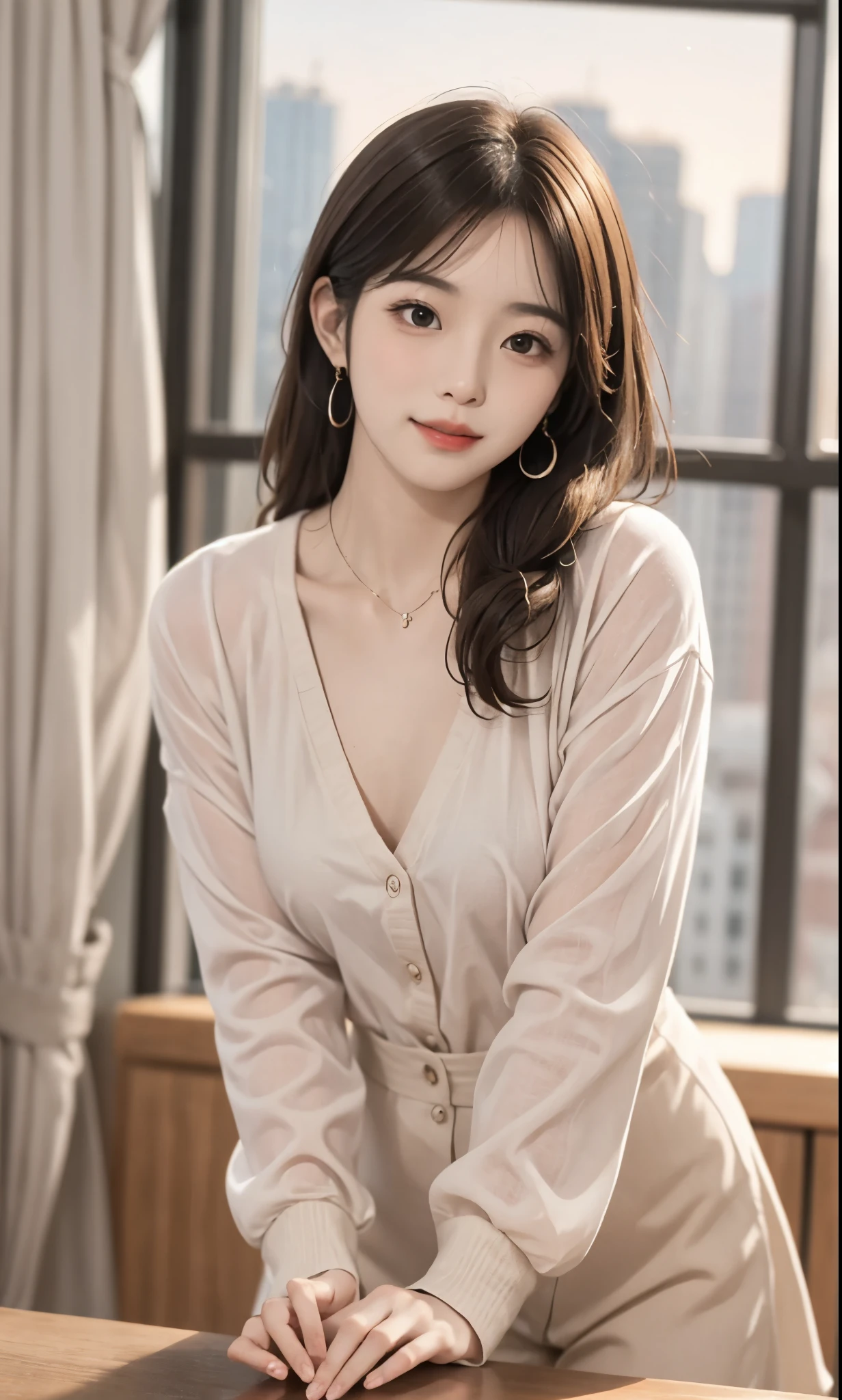 Smile、night、original photography、(((ultimate beauty portrait)))、((sparkling skin))、1 girl、Beautiful 18 year old girl from Prague、bright expression、((brown hair))、(light yellow clothes,Black silk pants),(C cup)、(No cleavage)、(White suspenders)、((Big eyes sparkling like gems))、cardigan、open your clothes、pantyhose、Glowing and radiant skin、(medium hair)、(silk ponytail)、(standing)、(from below)、under skirt、(from below看内衣的特写)、Eyeliner、beautiful bangs、hair between eyes、((Masterpiece、top quality、Super detailed、lamp、intricate details、high resolution、Very detailed))、background for this、8 kood、digital SLR、soft light、high quality、film grain、富士XT3 、shallow view deep、natural soft light、Kamimei、plump bust、