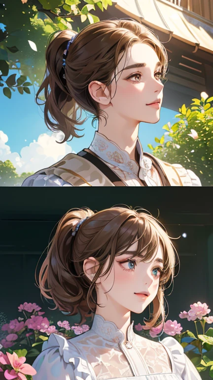 (masutepiece, Digital Art, Digital Illustration, 4K, 8K, Ultra-detailed, beautiful image, Sharp Image, Photorealistic, Raw photo, Perfect face, Perfect lines, Perfect eyes, Soft lighting) 1 woman, (lightbrown hair,Chignon Hair,Innocent look,drooping eyebrows,drooing eyes,with round face,Round jaws、Innocence,cute little,big eye,natural make up,kindly smile,E-cup,23 y-o woman:1.3),Two handsome men in suits, (ember,Men in suits,well-muscled,Firm shoulder width, Boyish hairstyle,Man in his 30s with a cool expression,28-year-old man with bright smile:1.2),A garden full of light、lots of flower、The fountain、colorful flower light,(embarrassed from,Shy smile:1.2),Resort Sofa,the kiss、kiss、a couple、couple kissing、Romance、