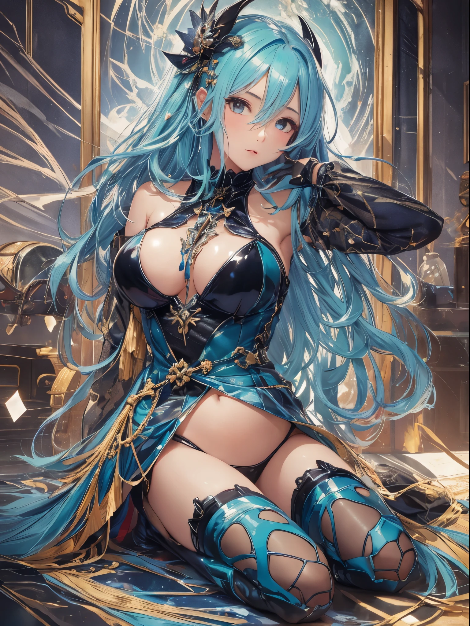 （Enrich your images，Masterpiece-level quality）Beautiful 8K CG artwork，Goddess-like posture，Kneeling exercise，Slim and soft，Translucent skin，Aqua Blue Hair、aesthetic appearance of very long and messy hair,，the skin is fair and juicy,，Big JK Uniform，Perspectives Part 1.2x Enhanced silhouette effect，Exquisite transparent blues pattern on pajamas，The details are intricate and exquisite，background slightly blurred，Temptation of attractive and greedy legs，Drool，oversized big breasts，