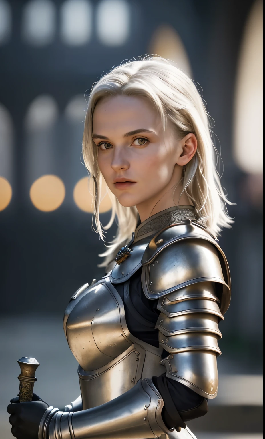 (Meisterwerk), (extrem kompliziert:1.3), (realistisch), portrait of a girl, The most beautiful in the world, (medieval armor), Metall-Reflexionen, upper body, outside, Intensive Sonneneinstrahlung, Weit entfernte Burg, Professionelles Foto einer atemberaubenden Frau detailliert, scharfer Fokus, dramatisch, award-winning, filmische Beleuchtung, Octane Rendern Unreal Engine, Volumetrics DTX, (Filmkorn, verschwommener Hintergrund, verschwommener Vordergrund, Bokeh, Depth of field, Sonnenuntergang, motion blur:1.3), Kettenhemd liegt neben ihr