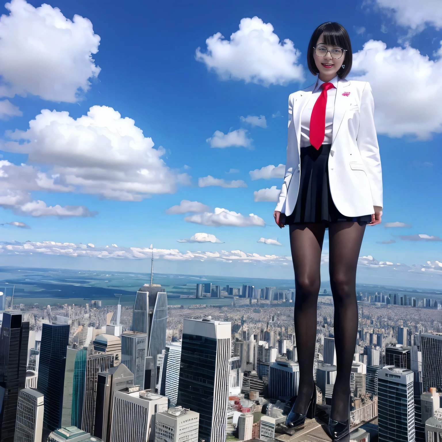 giantess art, surreal high school girl, 非常に詳細なGiantショット, Giant, Shorthair, A gigantic high school girl that&#39;s much bigger than a skyscraper, wearing rimless glasses, huge tit, Big ass, Navy blue blazer, Red tie, mini length skirt, black pantyhose, I don't wear shoes., miniature metropolis, I&#39;m playing with capturing very small aircraft carriers and battleships., gts, giga giantess, giantess, crash warship, tiny warship, micro warship,