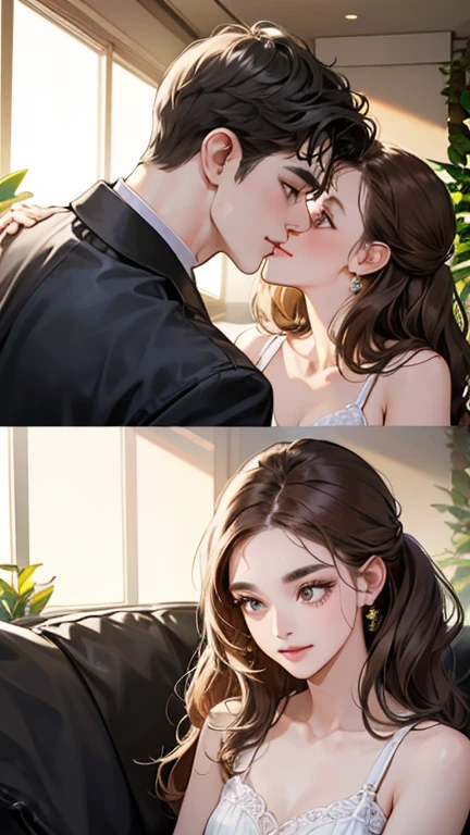 (masutepiece, Digital Art, Digital Illustration, 4K, 8K, Ultra-detailed, beautiful image, Sharp Image, Photorealistic, Raw photo, Perfect face, Perfect lines, Perfect eyes, Soft lighting) 1 woman, (lightbrown hair,Chignon Hair,Innocent look,drooping eyebrows,drooing eyes,with round face,Round jaws、Innocence,cute little,big eye,natural make up,kindly smile,E-cup,23 y-o woman:1.3),Two handsome men in suits, (ember,Men in suits,well-muscled,Firm shoulder width, Boyish hairstyle,Man in his 30s with a cool expression,28-year-old man with bright smile:1.2),A garden full of light、lots of flower、The fountain、colorful flower light,(embarrassed from,Shy smile:1.2),Resort Sofa,the kiss、kiss、a couple、couple kissing、Romance、