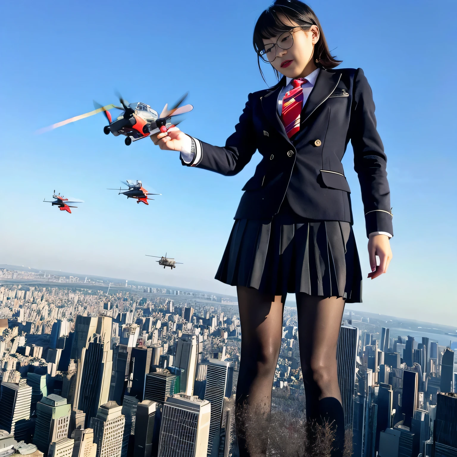 giantess art, surreal high school girl, 非常に詳細なGiantショット, Giant, Shorthair, A gigantic high school girl that&#39;s much bigger than a skyscraper, wearing rimless glasses, huge tit, Big ass, Navy blue blazer, Red tie, mini length skirt, black pantyhose, I don't wear shoes., miniature metropolis, I&#39;m playing with capturing very small aircraft carriers and battleships., gts, giga giantess, giantess, crash warship, tiny warship, micro warship,