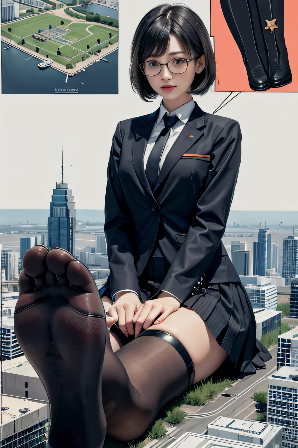 giantess art, surreal high school girl, 非常に詳細なGiantショット, Giant, Shorthair, A gigantic high school girl that&#39;s much bigger than a skyscraper, wearing rimless glasses, huge tit, Big ass, Navy blue blazer, Red tie, mini length skirt, black pantyhose, I don't wear shoes., miniature metropolis, I&#39;m playing with capturing very small aircraft carriers and battleships., gts, giga giantess, giantess, crash warship, tiny warship, micro warship,