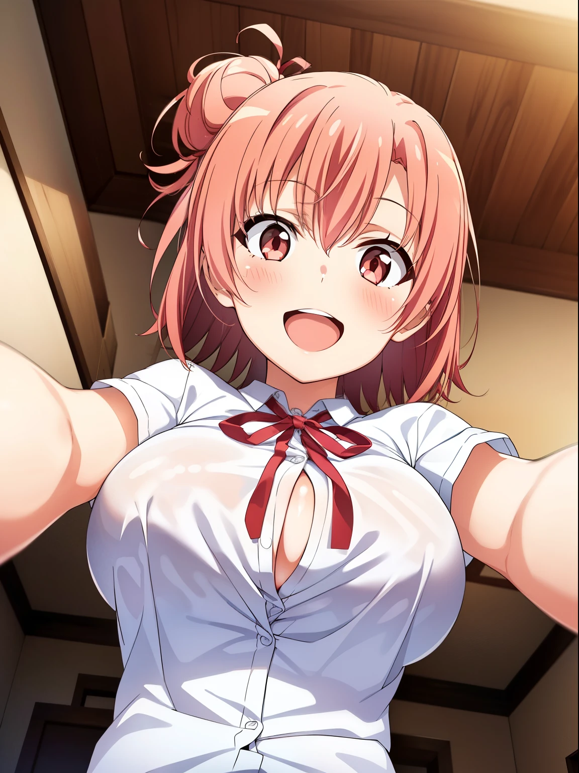 1girl in, Yuigahama Yui, , Short hair, Pink hair, (large boobs), 
(Best Quality, hight resolution, 4K, Detailed Lighting, 
(white shirt), red ribbon, 
Smile, blush, Open mouth, 
 
at noon,
From below, POV,