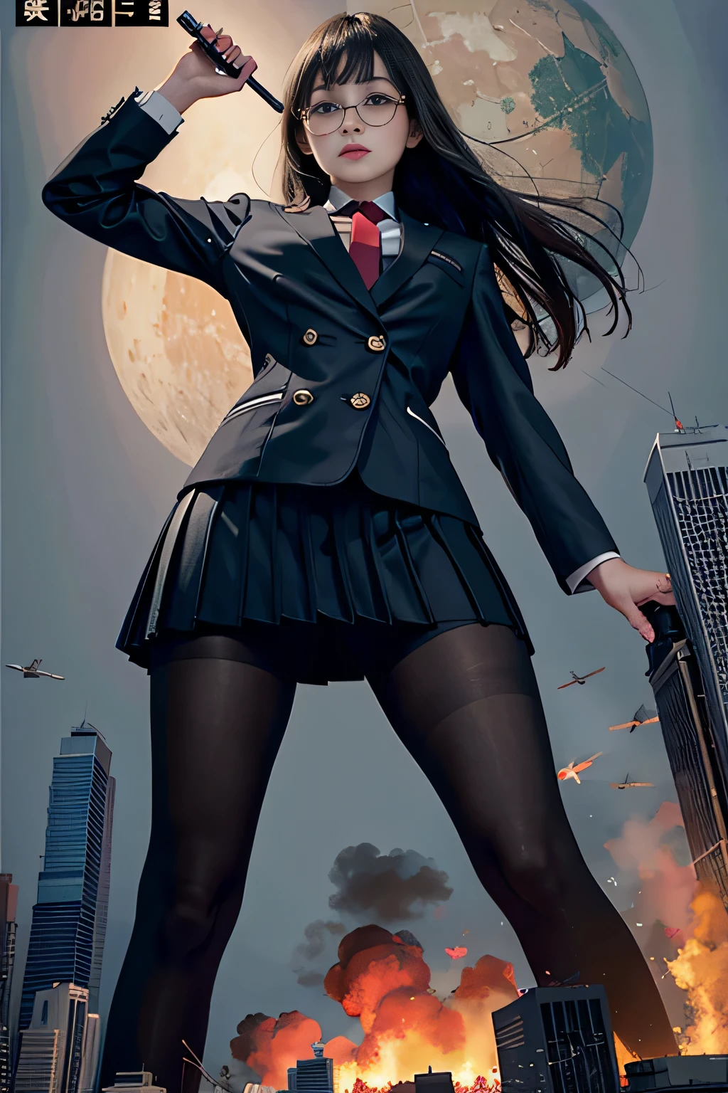 giantess art, surreal high school girl, 非常に詳細なGiantショット, Giant, Shorthair, A gigantic high school girl that's much bigger than a skyscraper, wearing rimless glasses, huge tit, Big ass, Navy blue blazer, Red tie, mini length skirt, black pantyhose, I don't wear shoes., miniature metropolis, I'm playing with capturing very small aircraft carriers and battleships., gts, giga giantess, giantess, crash warship, tiny warship, micro warship,