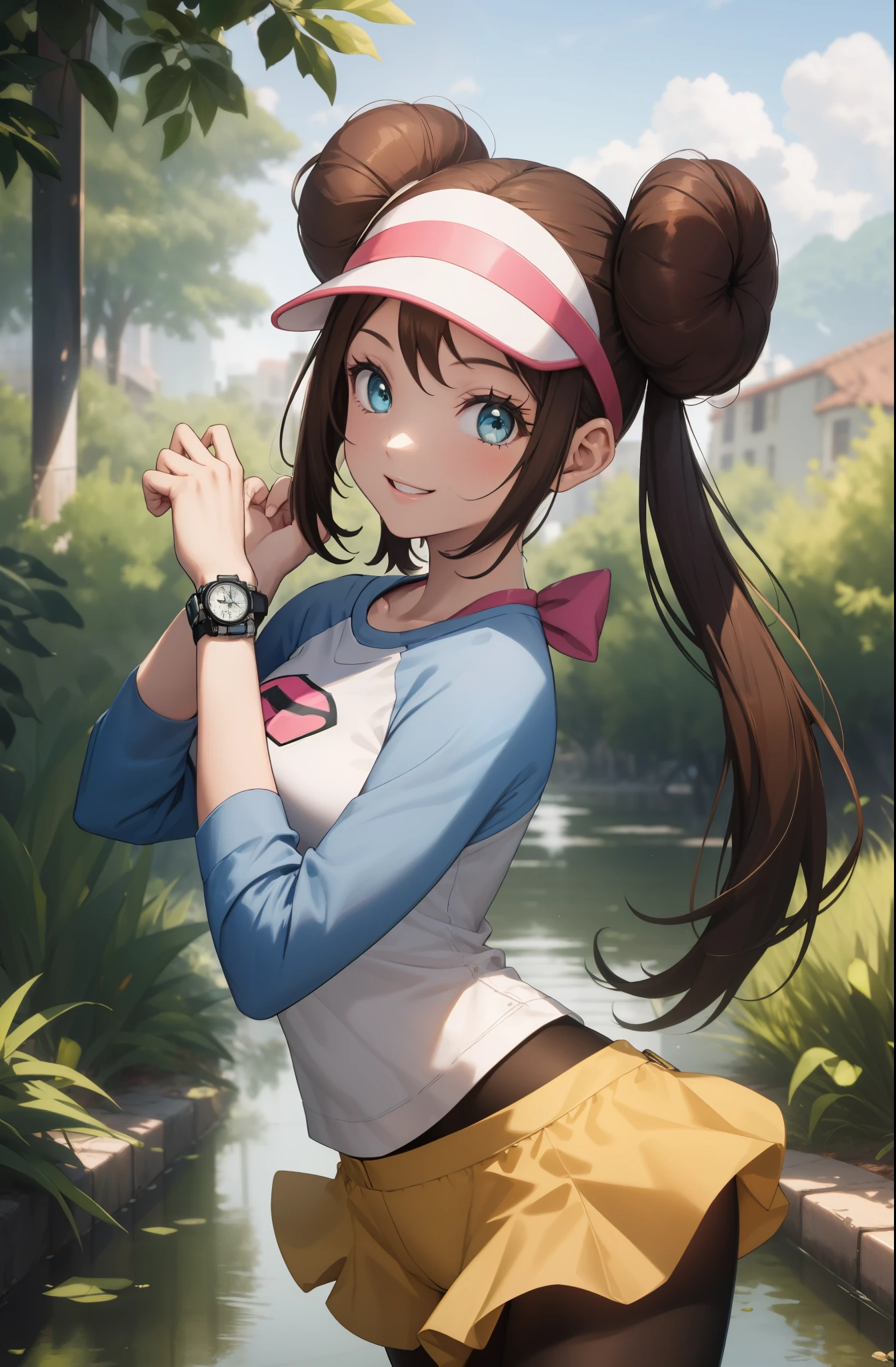 twintails, perfect eyes:1.2, detailed eyes:1.4, ro1, smile, long hair:1.2, nice hands, hair bun, visor cap, pantyhose, raglan sleeves, yellow shorts, shirt, pink bow, wristwatch, blue eyes, cowboy shot, 1girl, solo, (masterpiece:1.6, best quality), 8k, insane details, intricate details, hyperdetailed, hyper quality, high detail, ultra detailed, professional, HDR, ray tracing reflection, cinematic lighting,