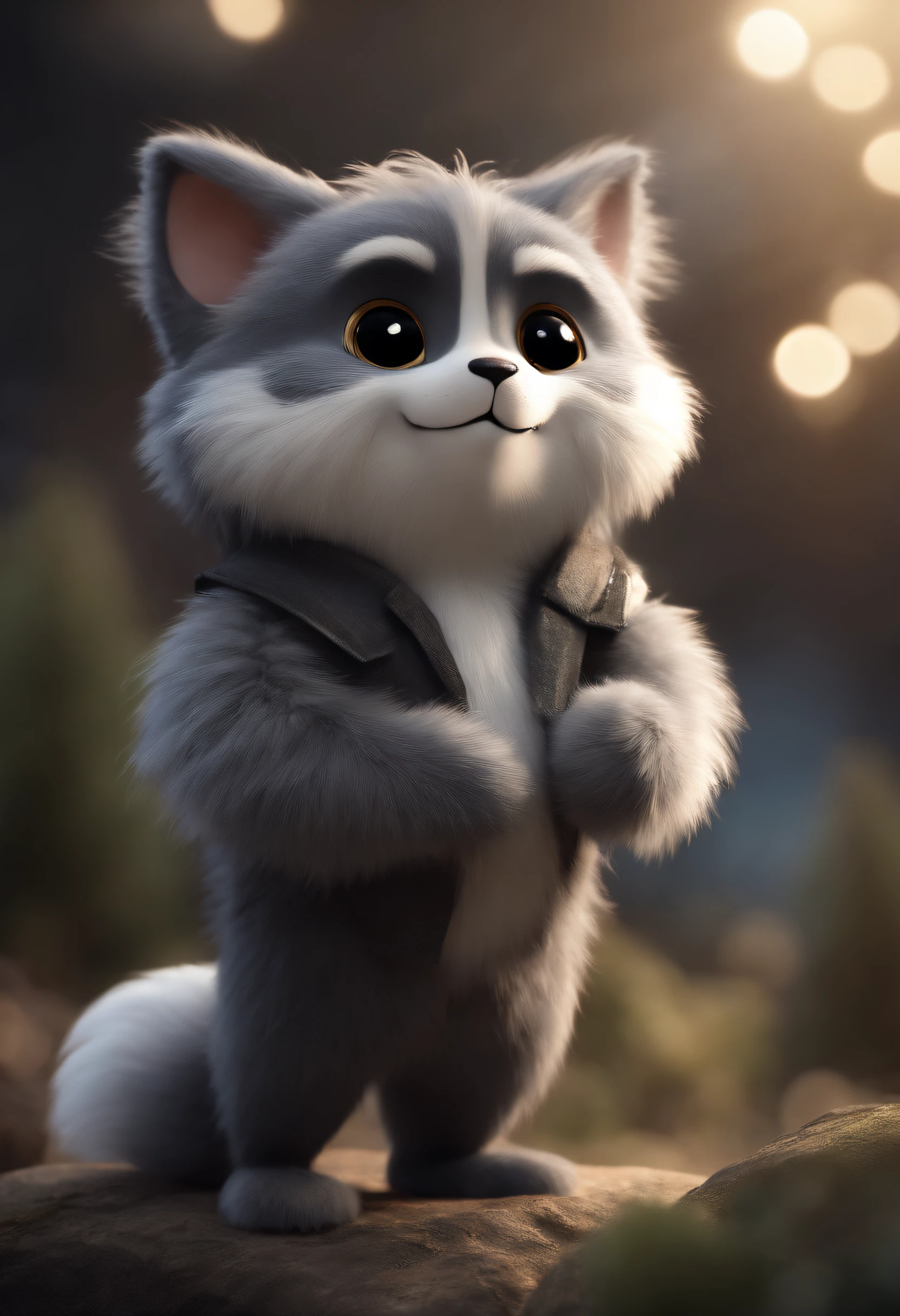 furry furry cute, big fluffy tail, smiley face, cute pose, dark gray fur, cute expression, Negi, chibi, anthropomorphic, whole body