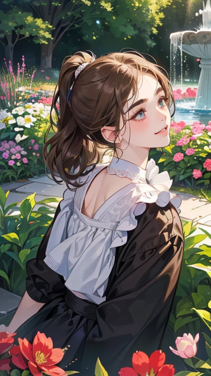 (masutepiece, Digital Art, Digital Illustration, 4K, 8K, Ultra-detailed, beautiful image, Sharp Image, Photorealistic, Raw photo, Perfect face, Perfect lines, Perfect eyes, Soft lighting) 1 woman, (lightbrown hair,Chignon Hair,Innocent look,drooping eyebrows,drooing eyes,with round face,Round jaws、Innocence,cute little,big eye,natural make up,kindly smile,E-cup,23 y-o woman:1.3),Two handsome men in suits, (ember,Men in suits,well-muscled,Firm shoulder width, Boyish hairstyle,Man in his 30s with a cool expression,28-year-old man with bright smile:1.2),A garden full of light、lots of flower、The fountain、colorful flower light,(embarrassed from,Shy smile:1.2),Resort Sofa,the kiss、kiss、a couple、couple kissing、Romance、