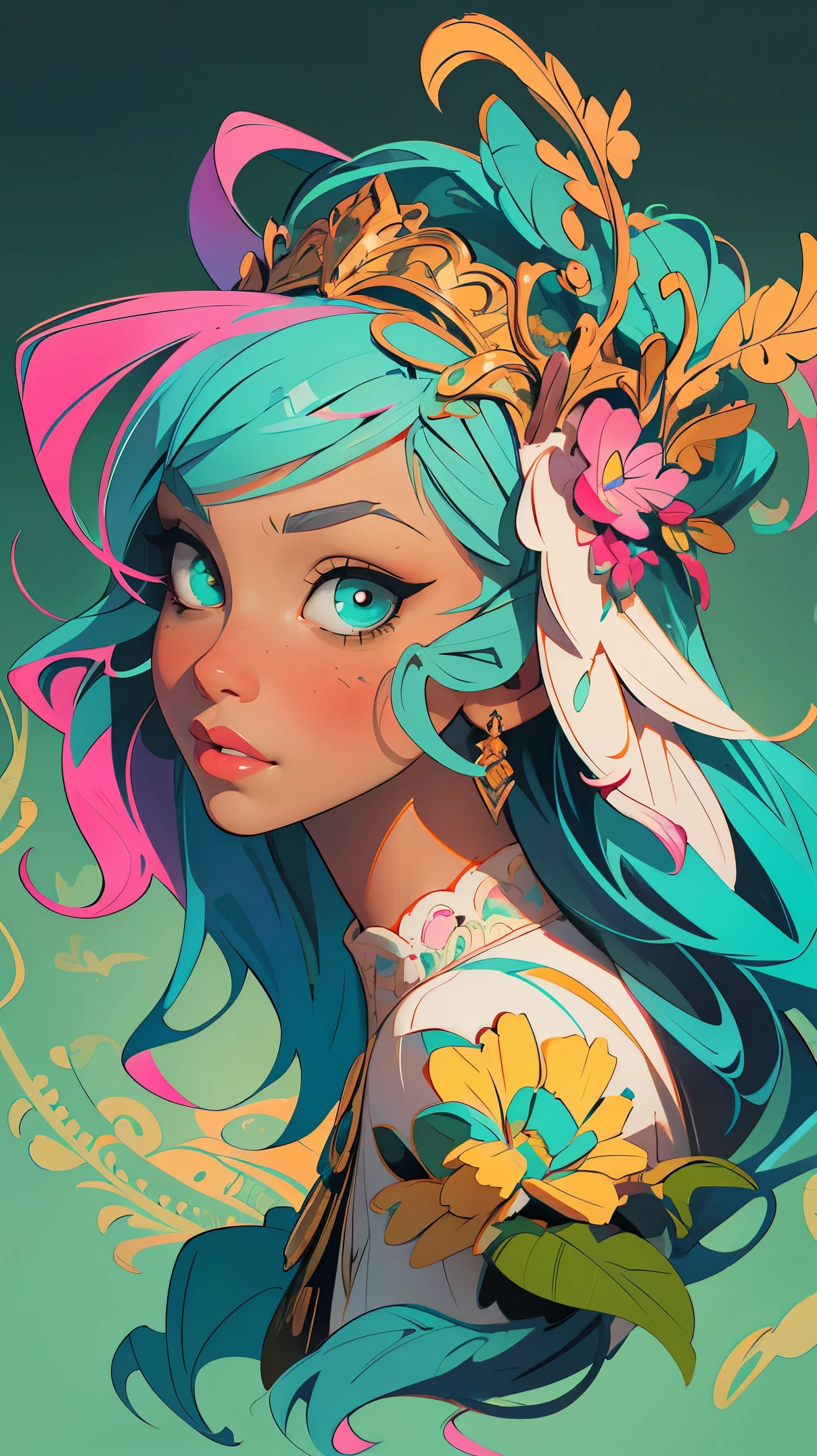 Symmetry, Finely Detailed Elaborate Ornate Alien Queen Goddess with Elaborately Detailed Colorful Eyey Lisa Frank, jeff koons, Orange and Pink, and Yellow and Teal, pretty face, intricate, elegant, highly detailed, digital painting, art station, concept art, smooth, sharp focus, illustration, art by art germ and greg rutkowski and alphonse mucha, 8k