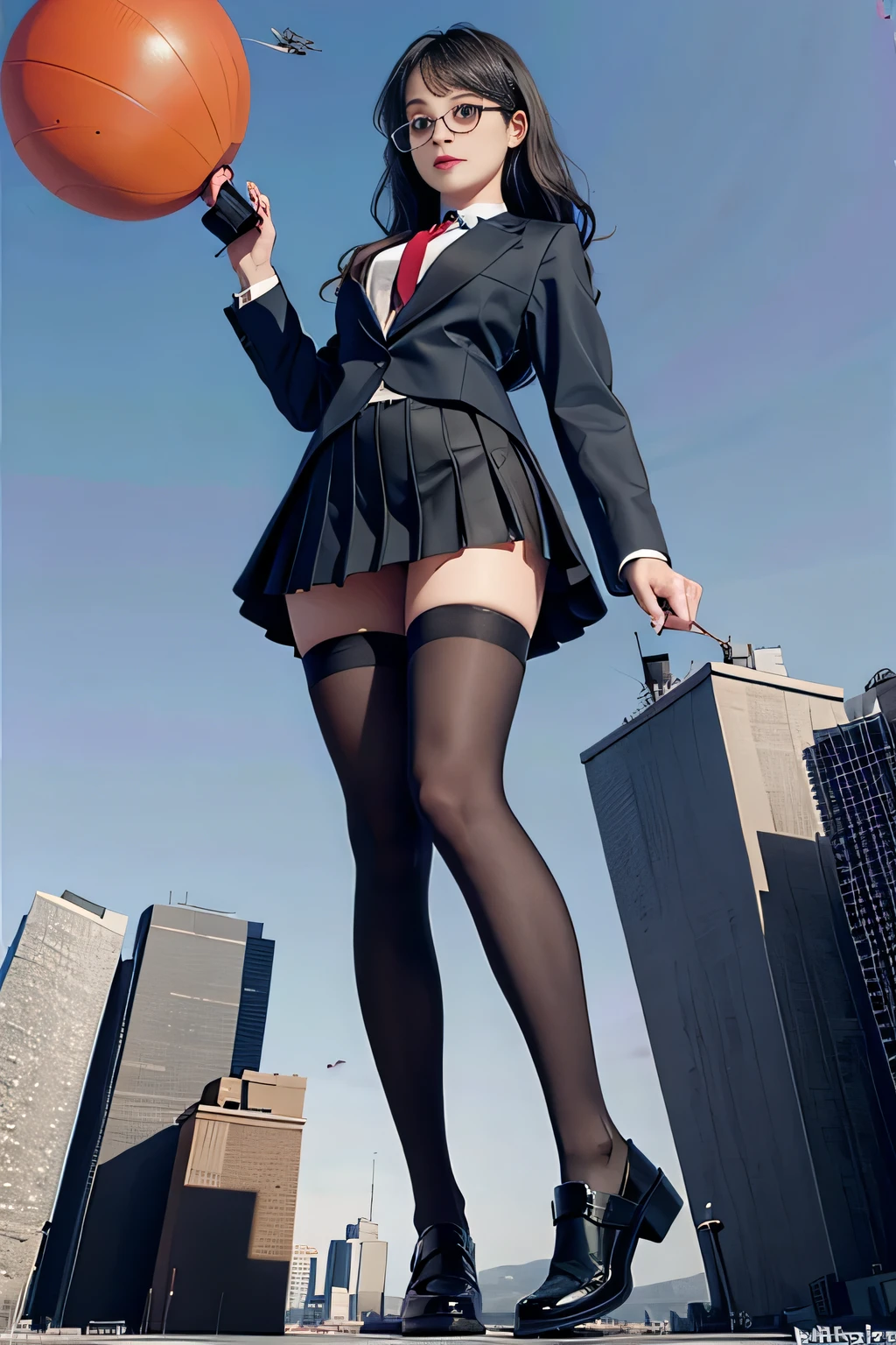 giantess art, surreal high school girl, 非常に詳細なGiantショット, Giant, Shorthair, A gigantic high school girl that&#39;s much bigger than a skyscraper, wearing rimless glasses, huge tit, Big ass, Navy blue blazer, Red tie, mini length skirt, black pantyhose, I don't wear shoes., miniature metropolis, I&#39;m playing with capturing very small aircraft carriers and battleships., gts, giga giantess, giantess, crash warship, tiny warship, micro warship,