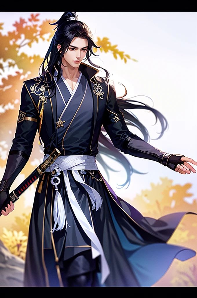 Man in black, black Hanfu, (highest quality, high resolution, clear image, outdoor, :1.2), a boy with a sword, long hair and high ponytail, stormy weather, overcast day, mist, Asian architecture in the distance.