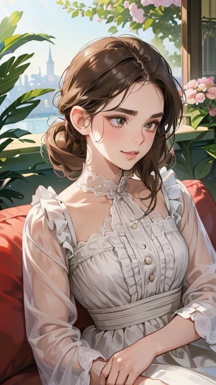 (masutepiece, Digital Art, Digital Illustration, 4K, 8K, Ultra-detailed, beautiful image, Sharp Image, Photorealistic, Raw photo, Perfect face, Perfect lines, Perfect eyes, Soft lighting) 1 woman, (lightbrown hair,Chignon Hair,Innocent look,drooping eyebrows,drooing eyes,with round face,Round jaws、Innocence,cute little,big eye,natural make up,kindly smile,E-cup,23 y-o woman:1.3),Two handsome men in suits, (ember,Men in suits,well-muscled,Firm shoulder width, Boyish hairstyle,Man in his 30s with a cool expression,28-year-old man with bright smile:1.2),A garden full of light、lots of flower、The fountain、colorful flower light,(embarrassed from,Shy smile:1.2),Resort Sofa,the kiss、kiss、a couple、couple kissing、Romance、