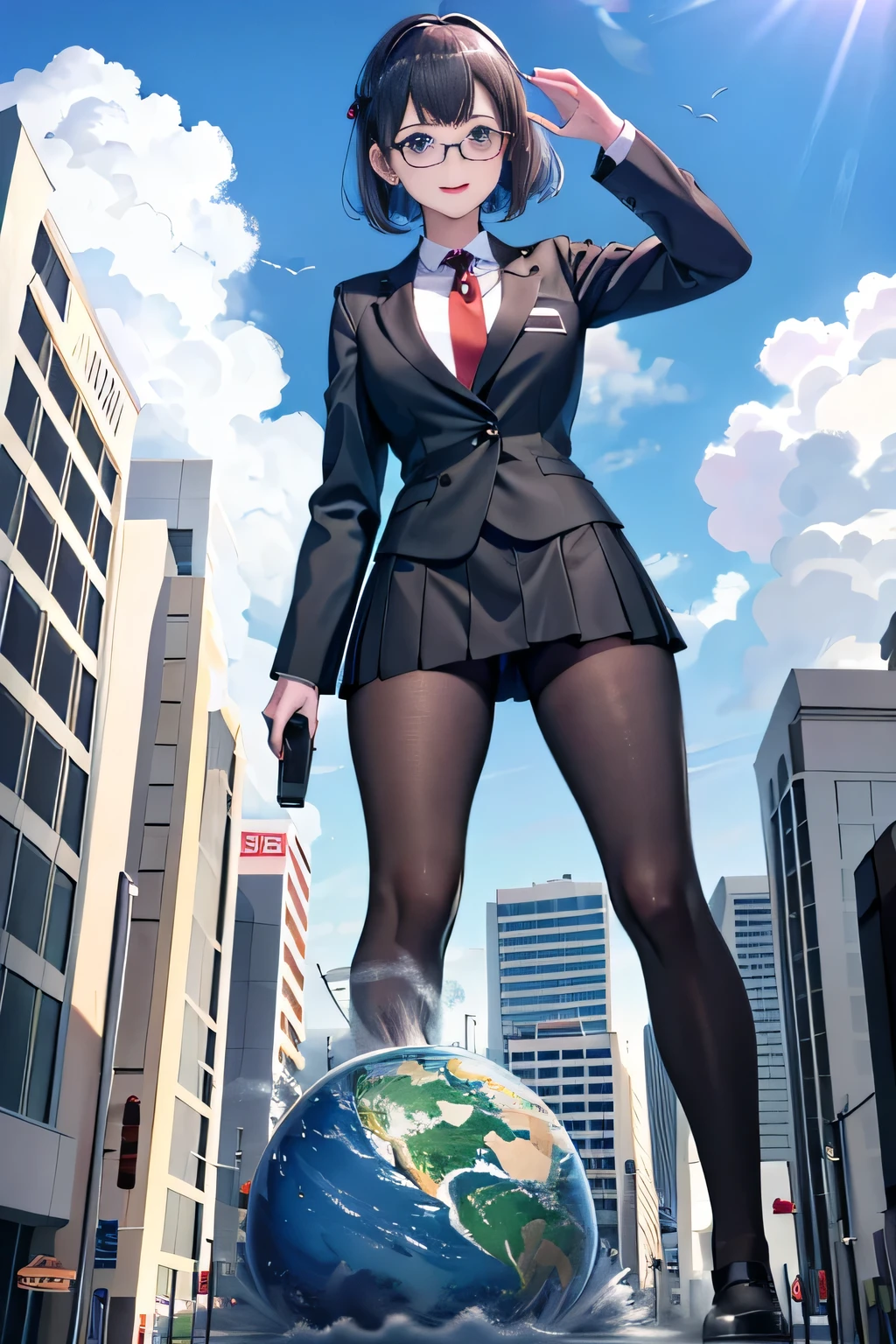 giantess art, surreal high school girl, 非常に詳細なGiantショット, Giant, Shorthair, A gigantic high school girl that&#39;s much bigger than a skyscraper, wearing rimless glasses, huge tit, Big ass, Navy blue blazer, Red tie, mini length skirt, black pantyhose, I don't wear shoes., miniature metropolis, I&#39;m playing with capturing very small aircraft carriers and battleships., gts, giga giantess, giantess, crash warship, tiny warship, micro warship,