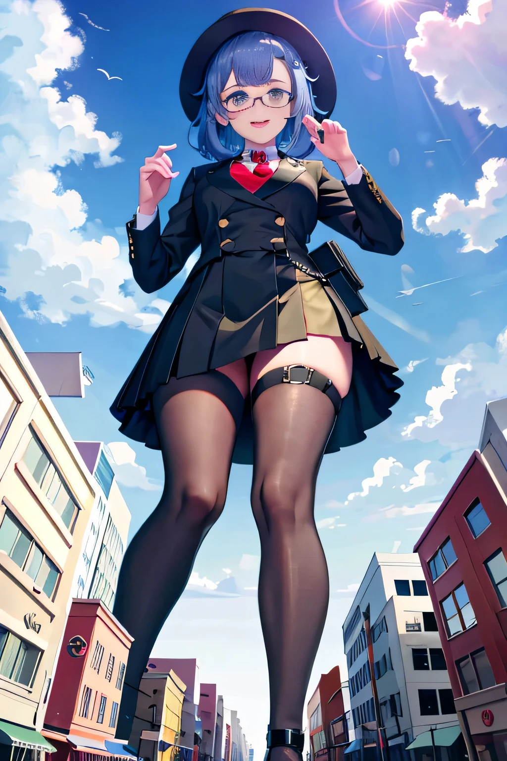 giantess art, surreal high school girl, 非常に詳細なGiantショット, Giant, Shorthair, A gigantic high school girl that&#39;s much bigger than a skyscraper, wearing rimless glasses, huge tit, Big ass, Navy blue blazer, Red tie, mini length skirt, black pantyhose, I don't wear shoes., miniature metropolis, I&#39;m playing with capturing very small aircraft carriers and battleships., gts, giga giantess, giantess, crash warship, tiny warship, micro warship,