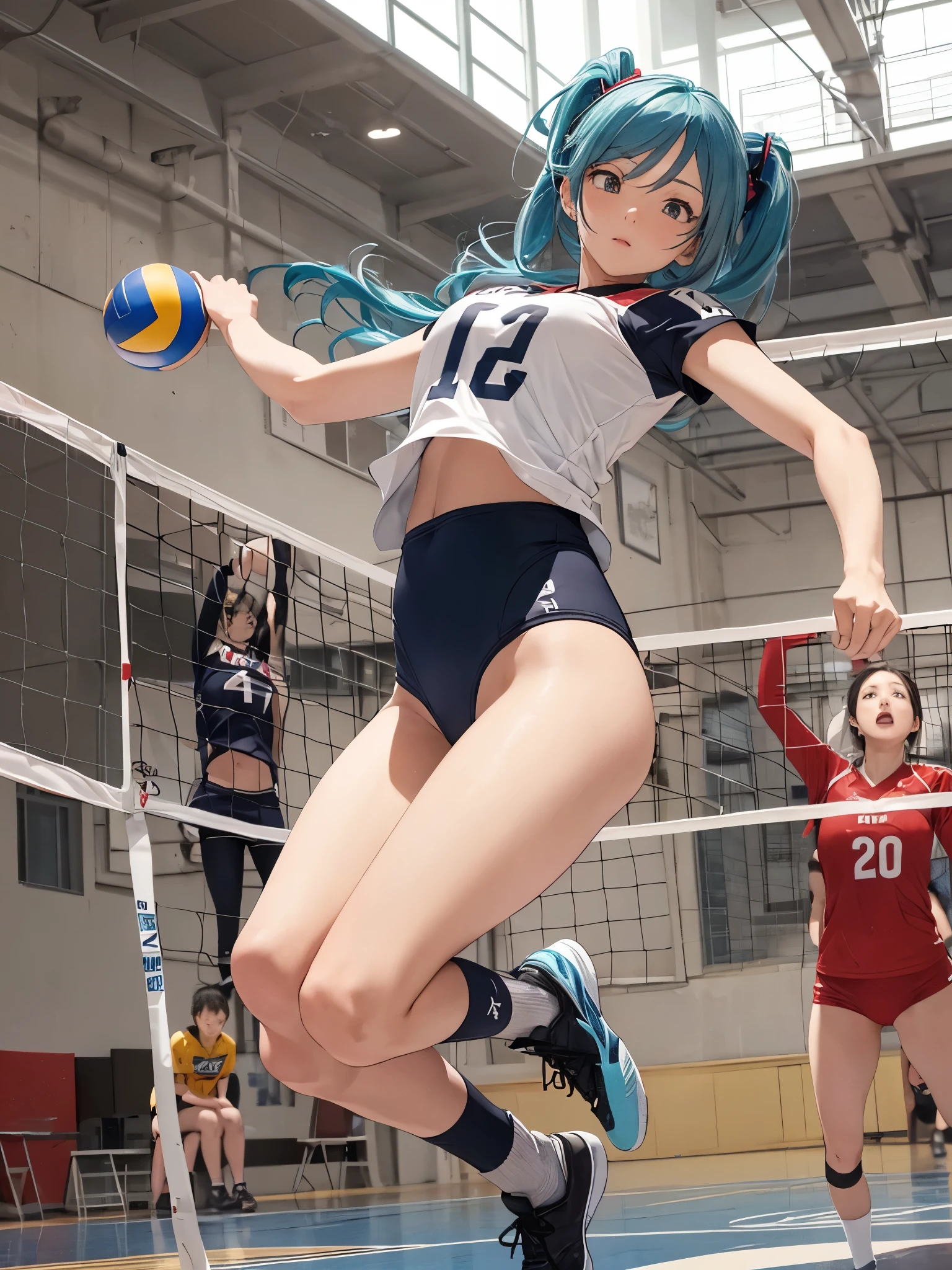 Hatsune Miku,Haikyuu,beautiful breasts,1 lady solo, /(Volleyball uniform/), (Masterpiece of the highest quality:1.2) Ultra-detailed and delicate illustrations, (Indoor Volleyball Court/),Jump high,spikes,serious face