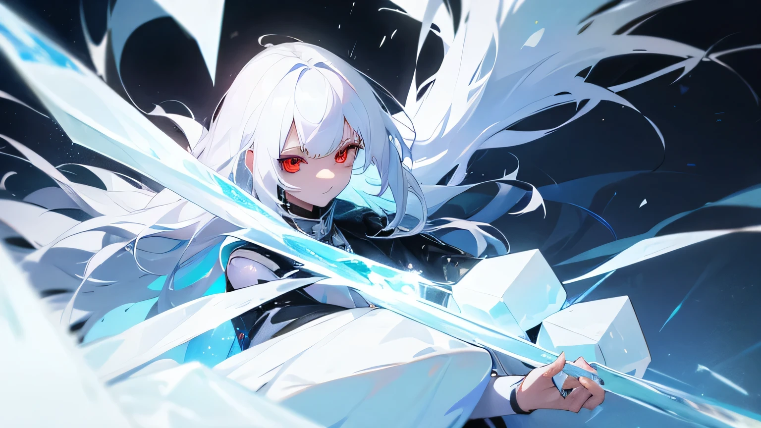 young woman, White hair, Red eyes, uses massive ice magic