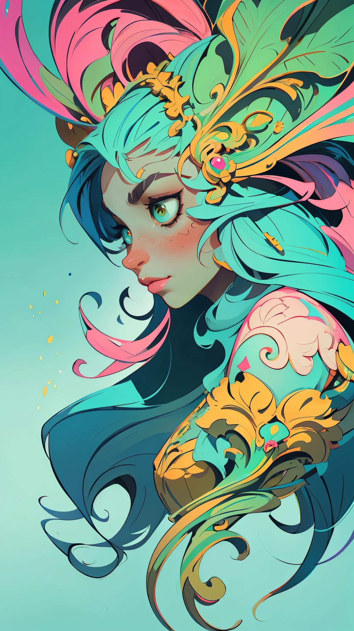 Symmetry, Finely Detailed Elaborate Ornate Alien Queen Goddess with Elaborately Detailed Colorful Eyey Lisa Frank, jeff koons, Orange and Pink, and Yellow and Teal, pretty face, intricate, elegant, highly detailed, digital painting, art station, concept art, smooth, sharp focus, illustration, art by art germ and greg rutkowski and alphonse mucha, 8k
