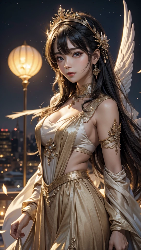 Ultra-realistic 8K CG, perfect face, perfect, clean, masterpiece, professional artwork, famous artwork, perfect face, beautiful face, beautiful eyes, golden cleric suit, lace, open brests, beautiful golden clothes, gold wings, delicate pattern, Fascinating, galactic space background, big moon in the back, flapping wings