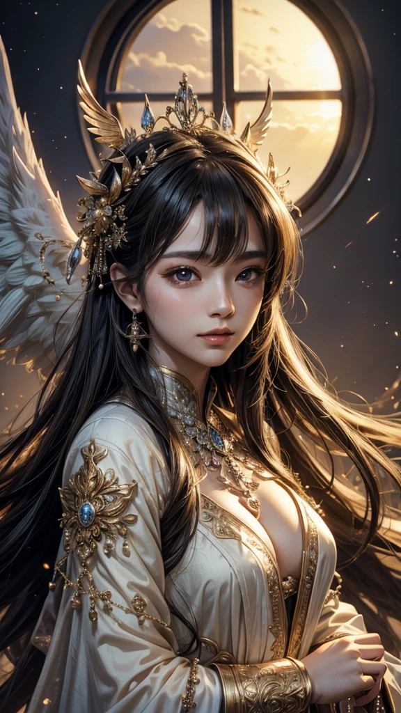 masterpiece、highest quality、8K、realperson、Realistic、Very detailed CG、shiny skin、Fully Focused、skyline、The Glory of God、shining brightly、Angel、blessings、happiness、