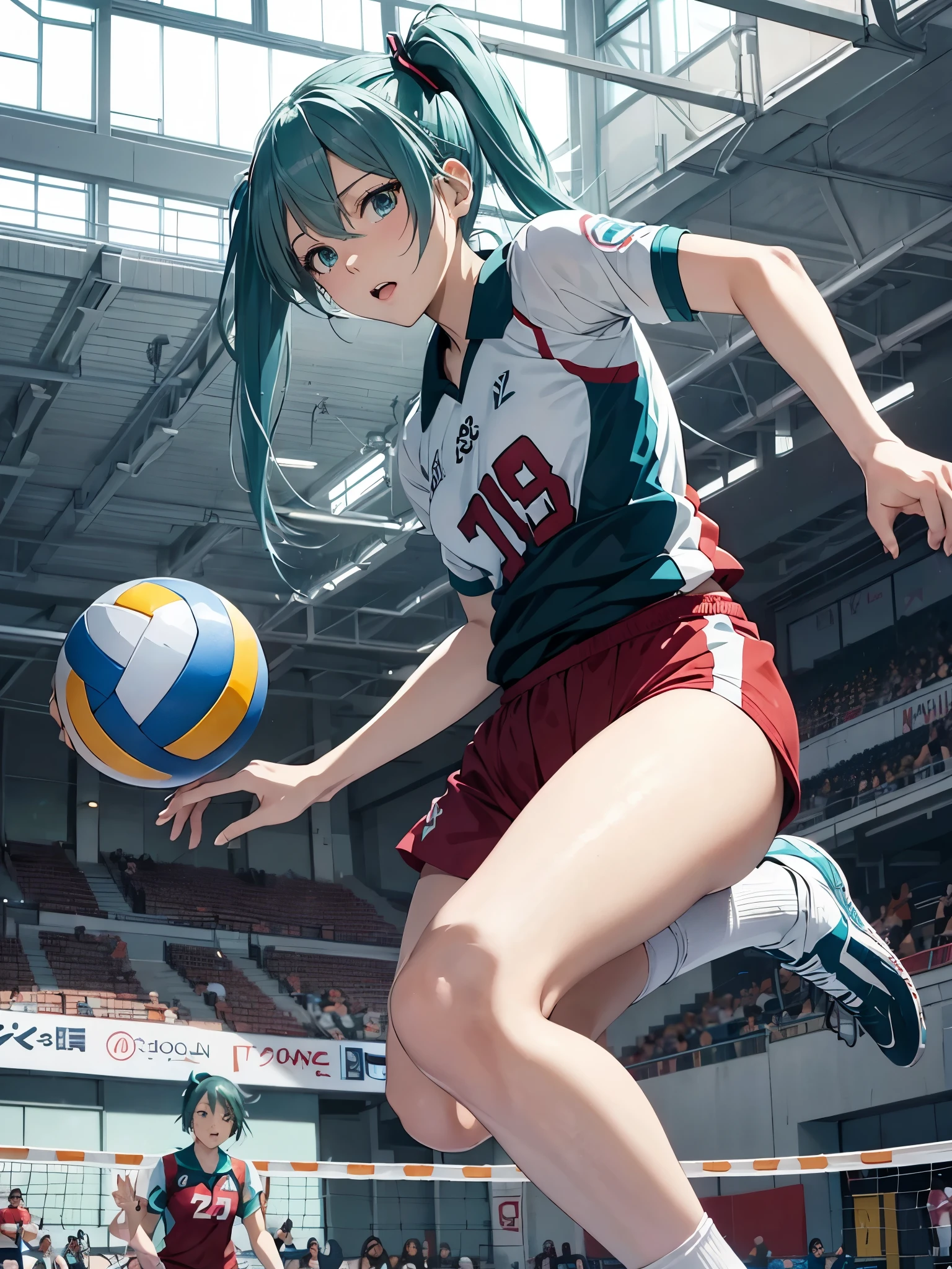 Hatsune Miku,Haikyuu,beautiful breasts,1 lady solo, /(Volleyball uniform/), (Masterpiece of the highest quality:1.2) Ultra-detailed and delicate illustrations, (Indoor Volleyball Court/),Jump high,spikes,serious face
