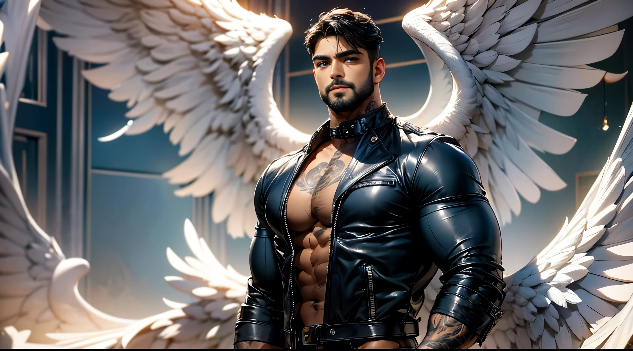 Daegan Tronos Character(1), no more characters, handsome, detailed face, dark skin, dark-tanned, perfect wings angel, symmetrical wings,blue eyes(color),small beard, medium haircut, leather jacket (rocker style), tattooed arms, champion stance(body), visual harmony, epic wallpaper.