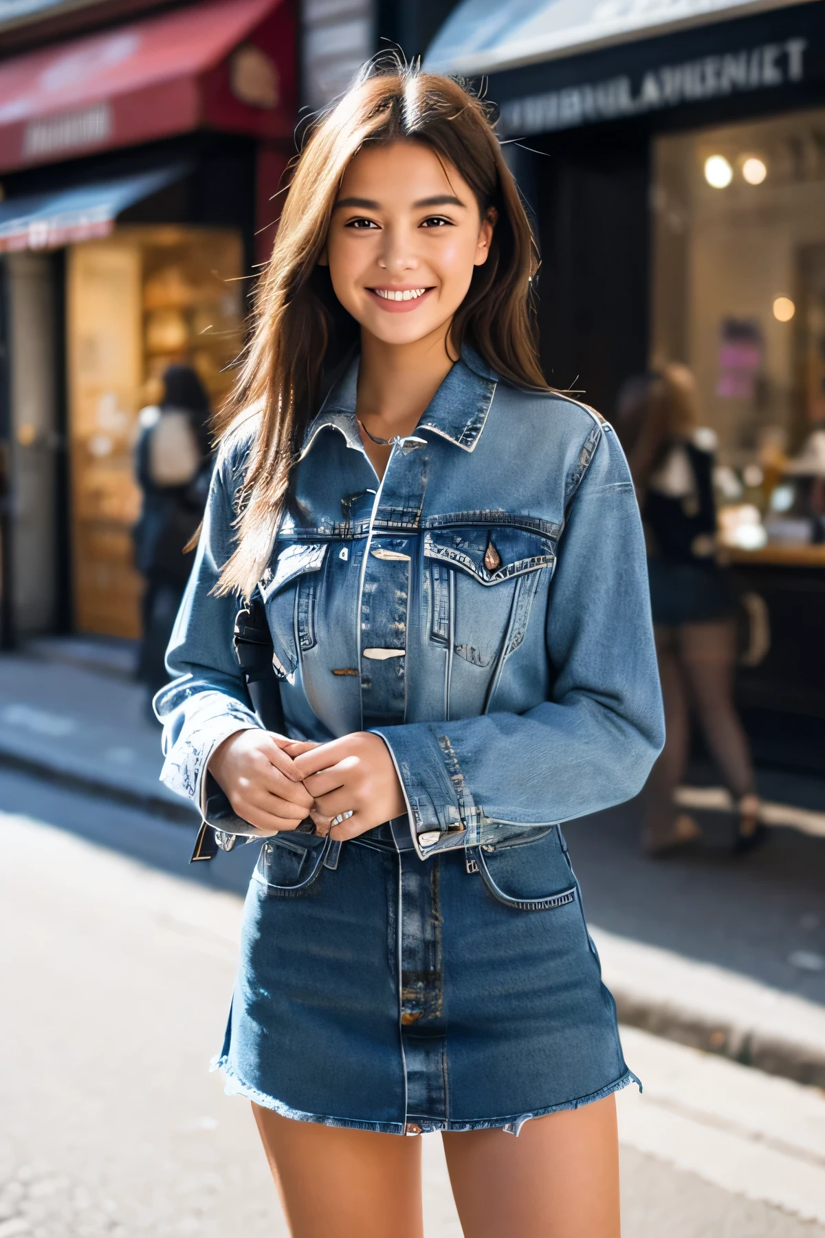 French girl, shy smile, Denim miniskirt, On the streets of Paris