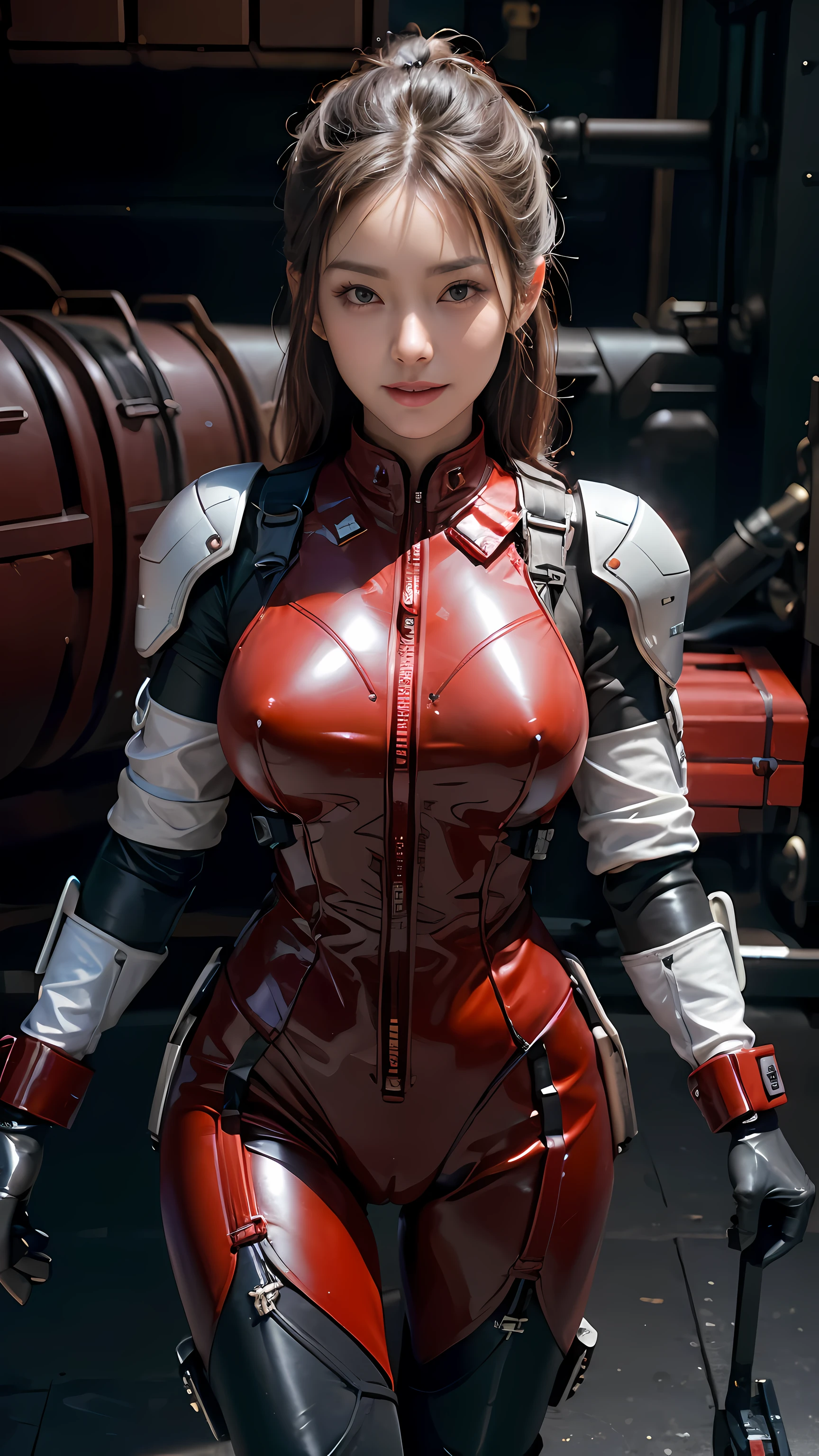 (Highest image quality, Excellent details, ultra high resolution), 1 asian girl, (Wearing red futuristic military uniform), (Charming figure:1.2, Polished and muscular body), (a little fat:0.5), (Future military uniforms inspired by cycling clothes and industrial robots, military harness, military equipment,Like pack background military base, gentle smile, dynamic poses, dramatic lighting,