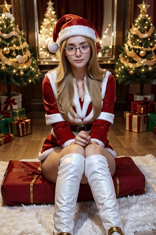russian women in a women santa suit
without a cap, blond,
round glasses, beautiful, boots, kemonomimi