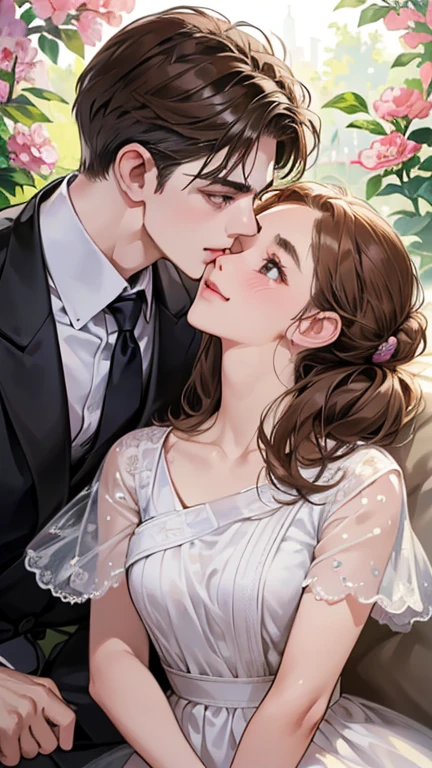 (masutepiece, Digital Art, Digital Illustration, 4K, 8K, Ultra-detailed, beautiful image, Sharp Image, Photorealistic, Raw photo, Perfect face, Perfect lines, Perfect eyes, Soft lighting) 1 woman, (lightbrown hair,Chignon Hair,Innocent look,drooping eyebrows,drooing eyes,with round face,Round jaws、Innocence,cute little,big eye,natural make up,kindly smile,E-cup,23 y-o woman:1.3),Two handsome men in suits, (ember,Men in suits,well-muscled,Firm shoulder width, Boyish hairstyle,Man in his 30s with a cool expression,28-year-old man with bright smile:1.2),A garden full of light、lots of flower、The fountain、colorful flower light,(embarrassed from,Shy smile:1.2),Resort Sofa,the kiss、kiss、a couple、couple kissing、Romance、