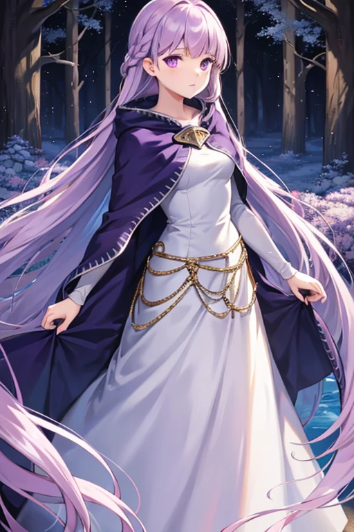 masutepiece, best quality,girl、(16 years old)、((beautiful detailed eyes))、 (Detailed light)、Depth of the bounds written、Light purple hair、light purple eyes、very long hair、((straight hair)),((forest))，(Standard Body)、Longer dress、long  skirt