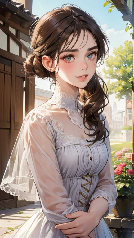 (masutepiece, Digital Art, Digital Illustration, 4K, 8K, Ultra-detailed, beautiful image, Sharp Image, Photorealistic, Raw photo, Perfect face, Perfect lines, Perfect eyes, Soft lighting) 1 woman, (lightbrown hair,Chignon Hair,Innocent look,drooping eyebrows,drooing eyes,with round face,Round jaws、Innocence,cute little,big eye,natural make up,kindly smile,E-cup,23 y-o woman:1.3),Two handsome men in suits, (ember,Men in suits,well-muscled,Firm shoulder width, Boyish hairstyle,Man in his 30s with a cool expression,28-year-old man with bright smile:1.2),A garden full of light、lots of flower、The fountain、colorful flower light,(embarrassed from,Shy smile:1.2),Resort Sofa,the kiss、kiss、a couple、couple kissing、Romance、