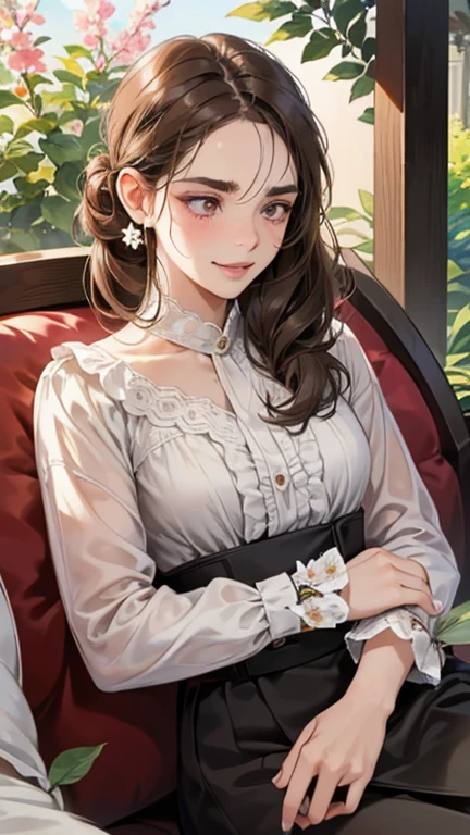 (masutepiece, Digital Art, Digital Illustration, 4K, 8K, Ultra-detailed, beautiful image, Sharp Image, Photorealistic, Raw photo, Perfect face, Perfect lines, Perfect eyes, Soft lighting) 1 woman, (lightbrown hair,Chignon Hair,Innocent look,drooping eyebrows,drooing eyes,with round face,Round jaws、Innocence,cute little,big eye,natural make up,kindly smile,E-cup,23 y-o woman:1.3),Two handsome men in suits, (ember,Men in suits,well-muscled,Firm shoulder width,  Boyish hairstyle,Man in his 30s with a cool expression,28-year-old man with bright smile:1.2),A garden full of light、lots of flower、The fountain、colorful flower light,(embarrassed from,Shy smile:1.2),Resort Sofa,the kiss、kiss、a couple、couple kissing、Romance、