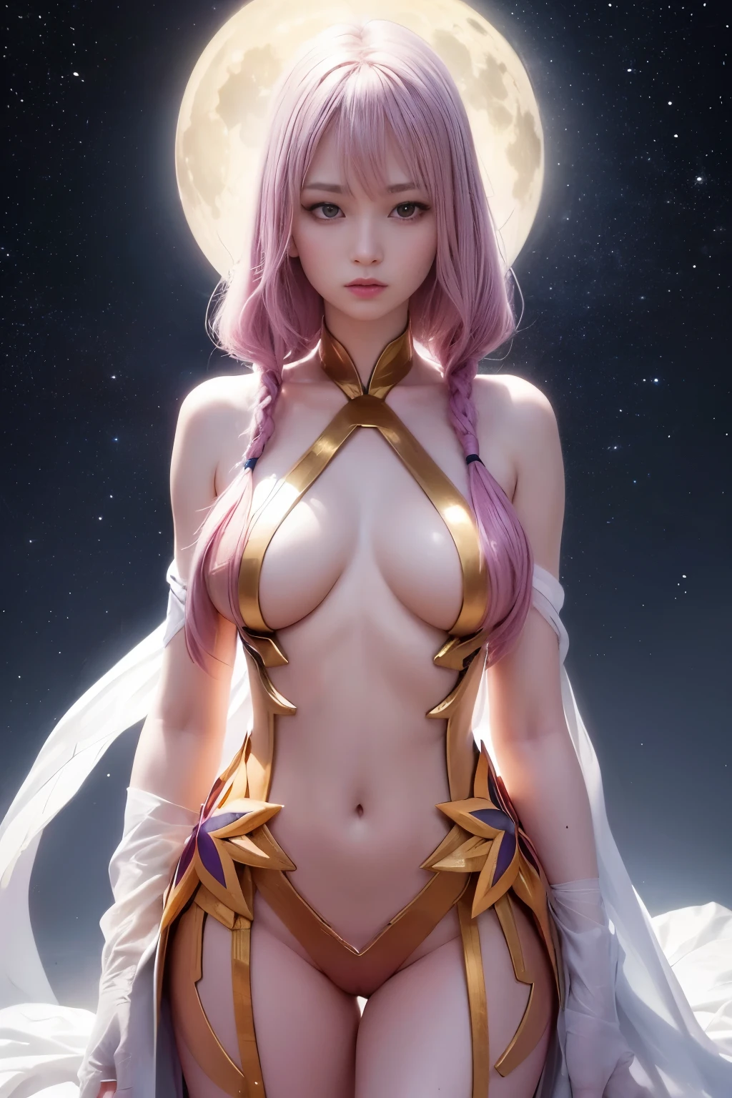 ((highest quality)), ((masuter piece)), (Super detailed:1.4),(32k images),(ultra high detailed breasts),Best Anime,sharpness,The best wallpapers,Phenomenal depiction,golden ratio, Wind manipulation:1.5,Manipulation of light,(Perfect anatomy without destruction),(Accurate and detailed beautiful eyes,Lustrous eyes),(shiny hair:1.1,),(her face looks delicate and beautiful. her skin looks delicate and beautiful.),(Expressionless:1.2),Slim body,Slim belly, pink hair, tassel pigtails、thin-waist,belly button,The detailed breasts, detailed breasts, ((pointed nipples))、The shining white costume is divine々Right,gemstone),fullmoon:1.1, Backgrounds with depth:1.3,hair ornaments,Starry sky, ((taking a photo from above))