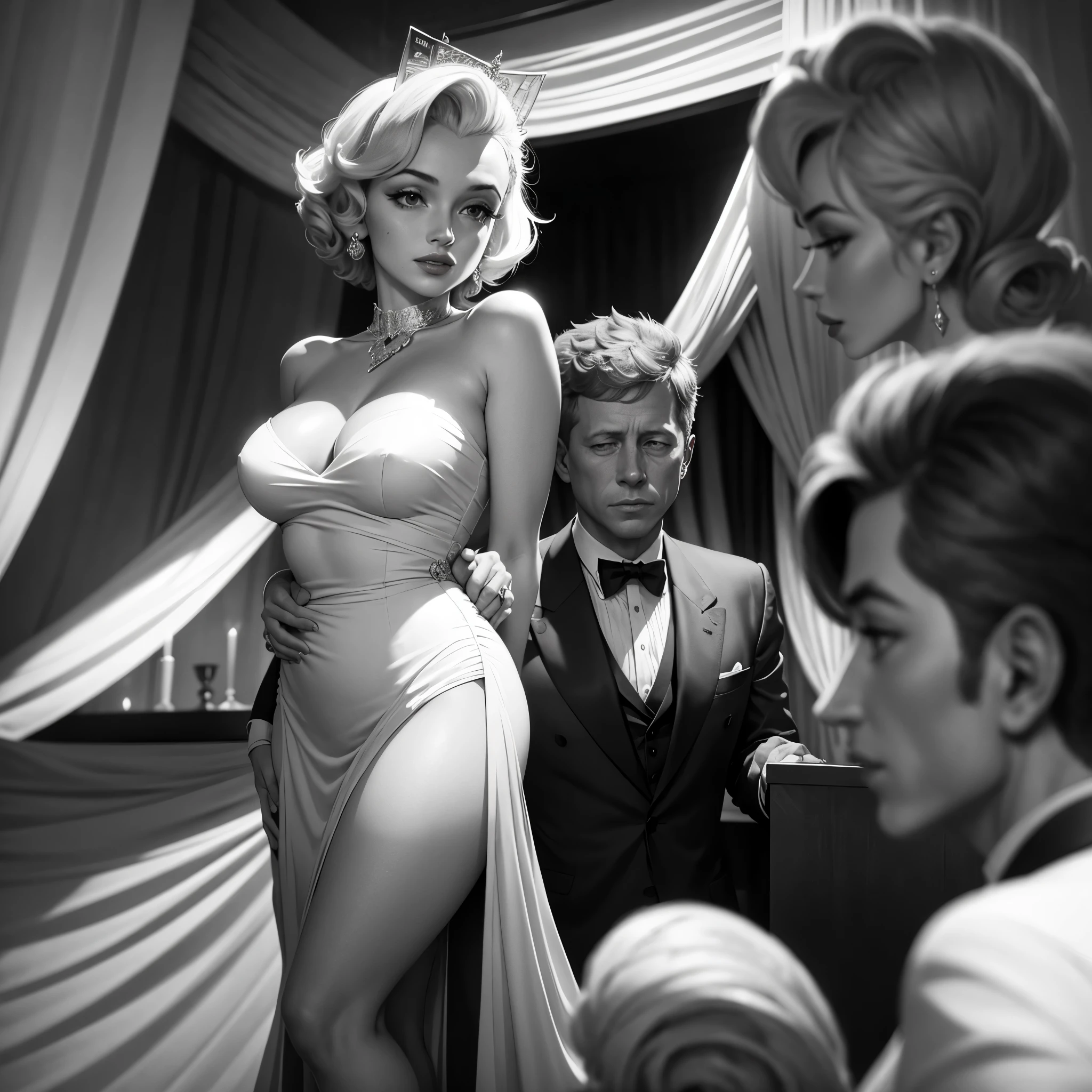 Imagine uma imagem onde Marilyn Monroe e John F. Kennedy are against a backdrop of vivid colors,  de um evento glamoroso dos anos 60. Marilyn is wearing an iconic dress, surrounded by camera flashes, while JFK is elegantly dressed in a dark suit, trocando olhares significativos com Marilyn. Ao fundo, vislumbres sutis da Casa Branca e de Hollywood complementam a cena, conveying the aura of mystery and glamor that surrounded their relationship." Cores vibrante 