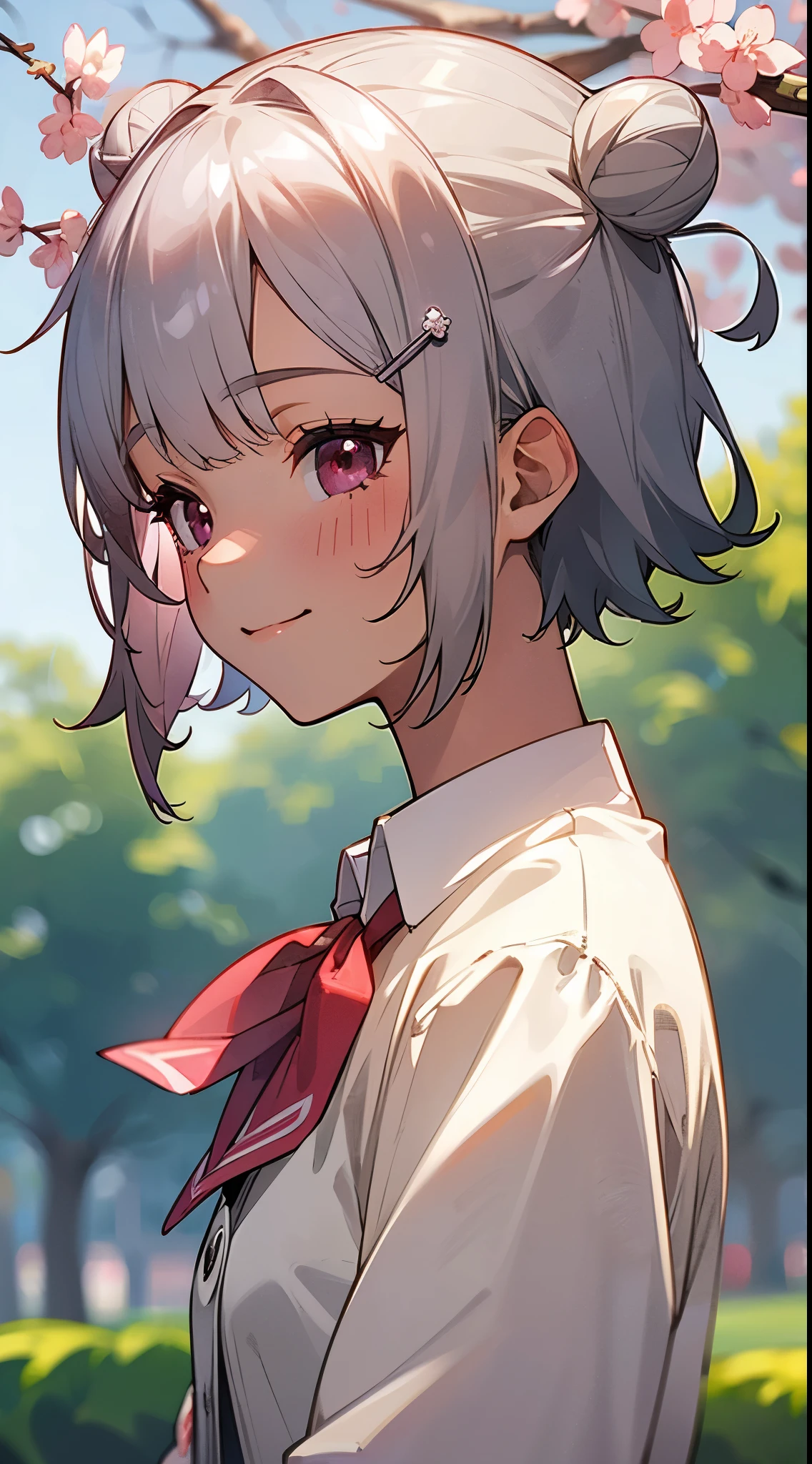 (best quality,High resolution:1.2),Silver-haired girl、Short hair with silver bob styled in a bun with hair clip, pink eyes、red blush、A smile、laugh together、profile、upper body close - up、Sakura Park、appointment
